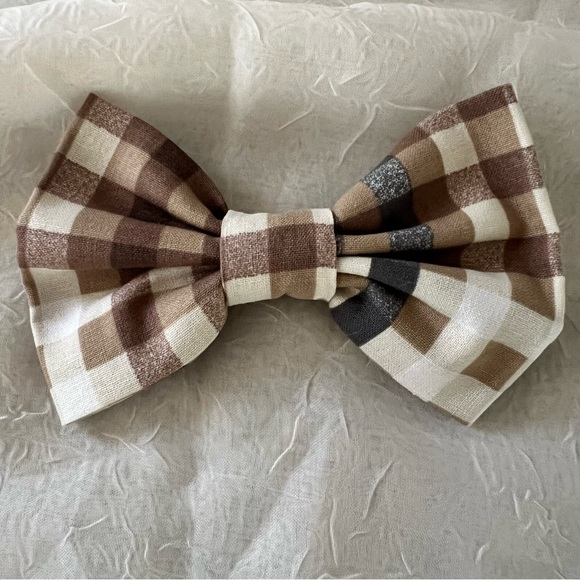 Hand Crafted Accessories - Bow Hair Clip, French Clip, Brown, Cream, White, & Gray Plaid Cotton, 5 x 3.5 in